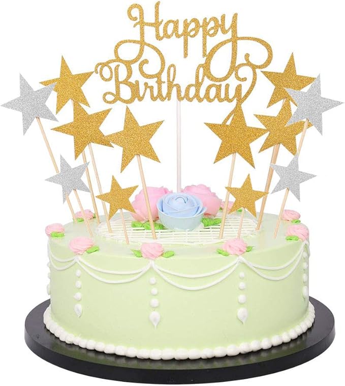 Yurosiay 10 set di decorazioni per torte a forma di stella, decorazione per cupcake, decorazione a forma di stella, per matrimoni, torte, decorazioni in argento
