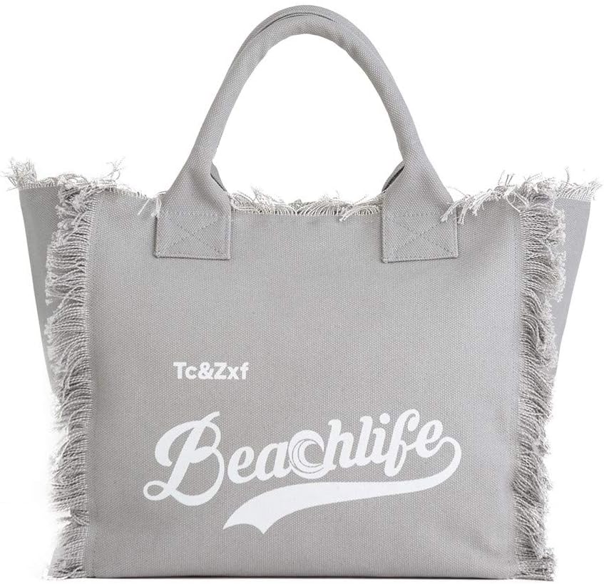 Large Canvas Beach Bag for Women Round Handles Tote Market Bag with Hand Frayed Fringed Profiles