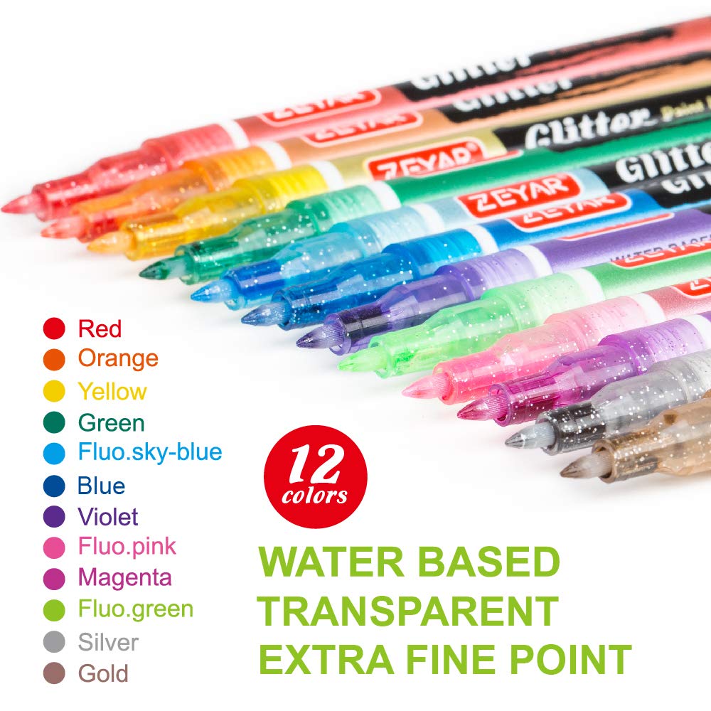 ZEYAR Glitter Paint Pens, Water based, Extra Fine Point, Nylon Tip, 12 Colors, Great for Gift Card, Poster, Album, Christmas Card and more. Non-Toxic and Safe