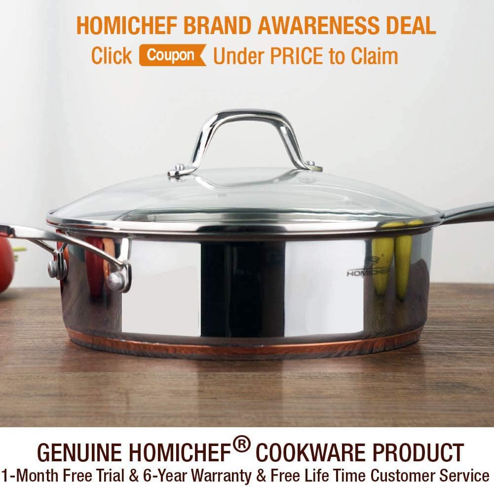 HOMICHEF 9.5 Inch Nickel Free Stainless Steel Saute Pan With Lid Induction Oven Safe - Premium Mirror Polished Copper Band Stainless Steel Pan With Glass Lid - 2.5 Quart Non Toxic Cookware Pans: Kitchen & Dining