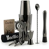 Barillio Black Boston Shaker Set - Stainless-Steel, Weighted Martini Cocktail Shaker Set w/Strainer & Mixer - Mixology Bartender Kit - Bar Set for The Home - 9-pc Drink Set - Bar Tools