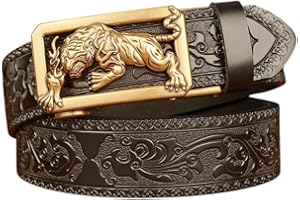Men’s Leather Belt with Tiger Buckle, Vintage Embossed Cowhide Automatic Ratchet Belt for Business and Casual