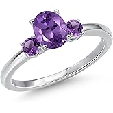 Gem Stone King 14K White Gold Purple Amethyst 3-Stone Engagement Ring For Women | 0.95 Cttw | Oval 7X5MM and Round 3MM | Gemstone February Birthstone