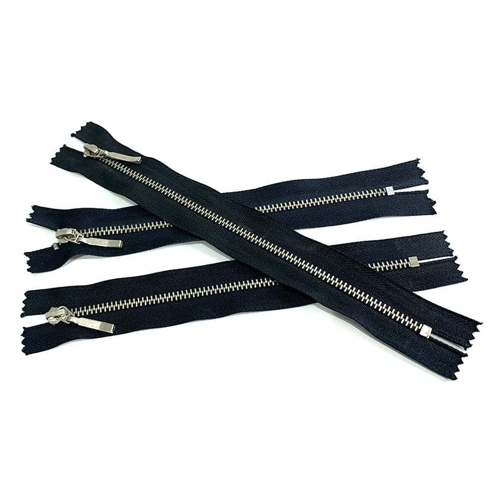 3 Pieces/Pack Zipper Brass Closed 12 cm, Metal Zipper 3#, Zipper for Sewing, Black and Silver, (12cm, 888)