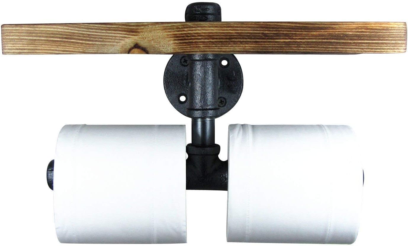 Industrial Toilet Paper Holder Vintage Style Metal Pipe Wood Wall Mounted Bathroom Storage Shelf Double Roll Hanger 30x14cm