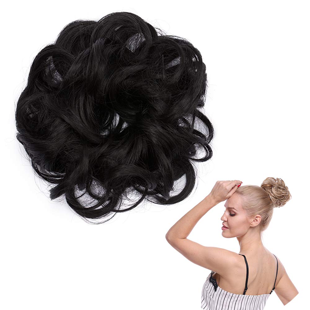 SEGO Messy Hair Bun Scrunchie Wavy Updo Hairpiece Curly Ribbon Ponytail Extension Donut Chignons Normal, Dark Black