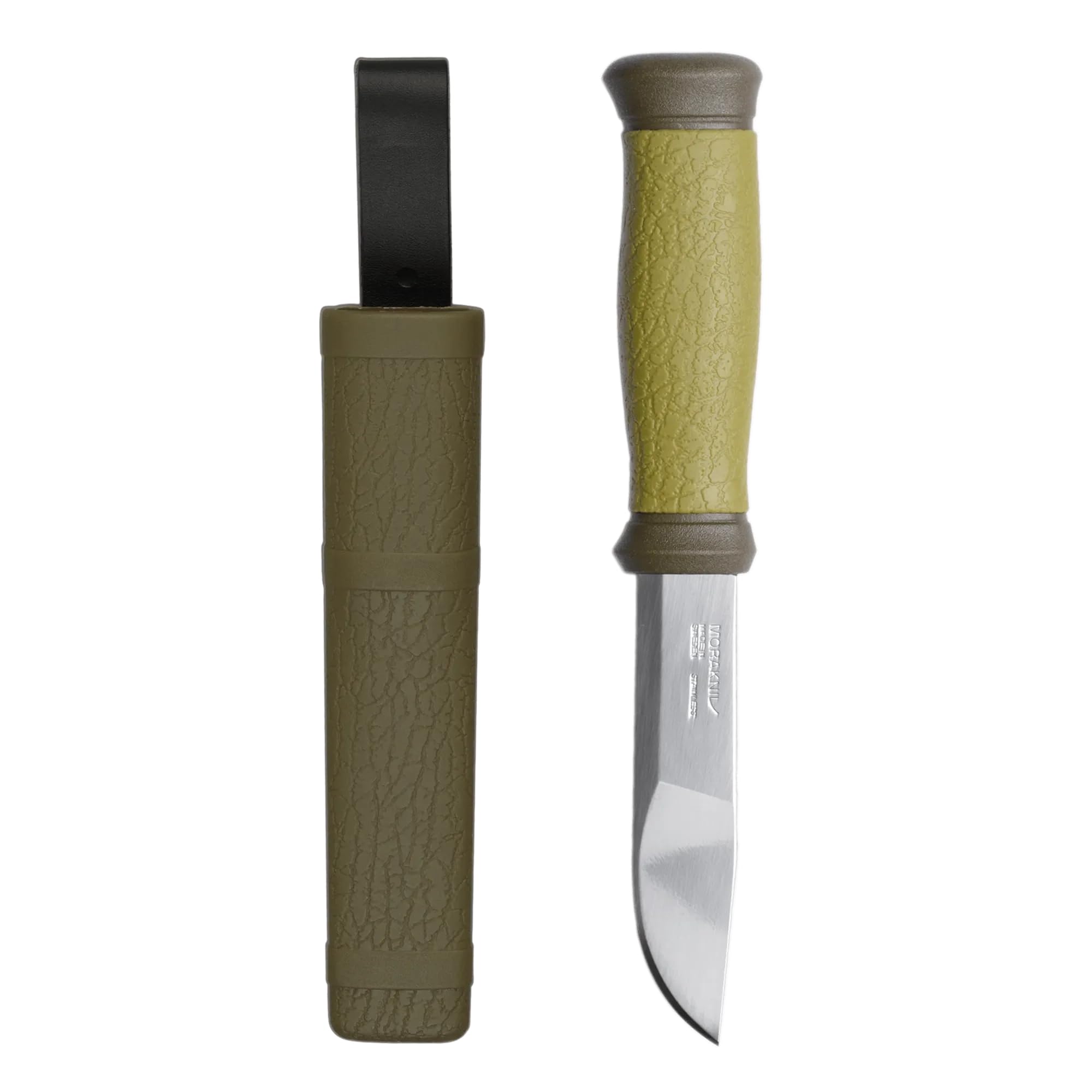 Morakniv Mora 2000 Cuchillo de hoja fija de acero inoxidable con funda, verde oliva, 4,3 pulgadas