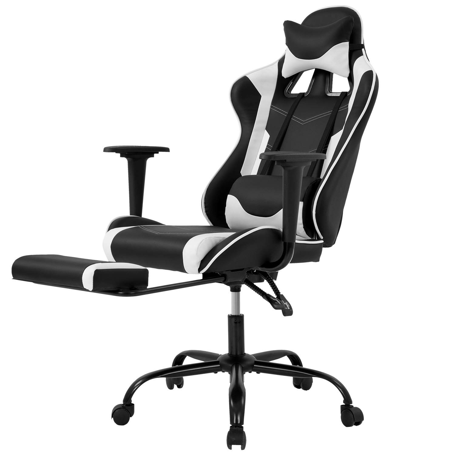 BestOffice Silla ergonómica para juegos de carreras para PC, silla de escritorio de oficina barata, silla de computadora de cuero PU, soporte lumbar con reposapiés, silla giratoria moderna para tareas para mujeres, hombres (blanco)