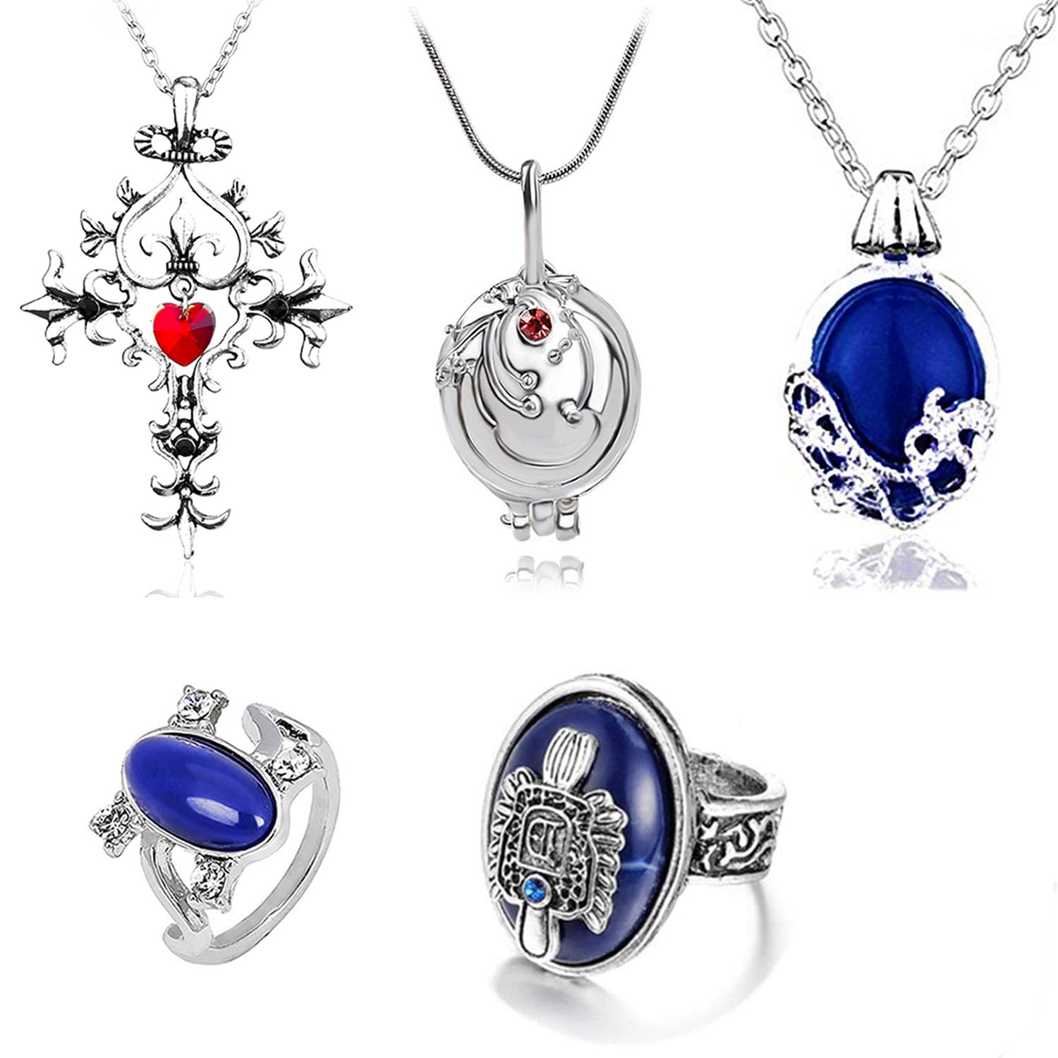 YouU 5 pcs Cosplay Vampire Jewelry Set Elena Opening Vervain Locket Pendant Necklace Cross Symbol Damon Stefan finger family Crest Ring