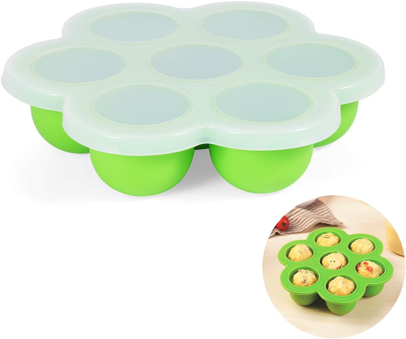 Ellsang Ice Cube Tray With Lids, BPA Free Silicone Baby Food Storage Container Ice Ball Mold，7 Cups Reusable Freezer Tray Makes Mini Quiches, Meatloaf and Brownie Bites in Pressure Cooker (Green)