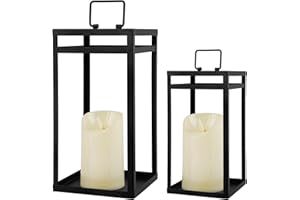 ASHELYULLA Modern Farmhouse Lantern Decor, 2Pcs Metal Candle Lanterns with Flameless Candles Black Decorative Lantern for Front Porch Covered Patio Dining Table Entryway Table Wedding Home Decor