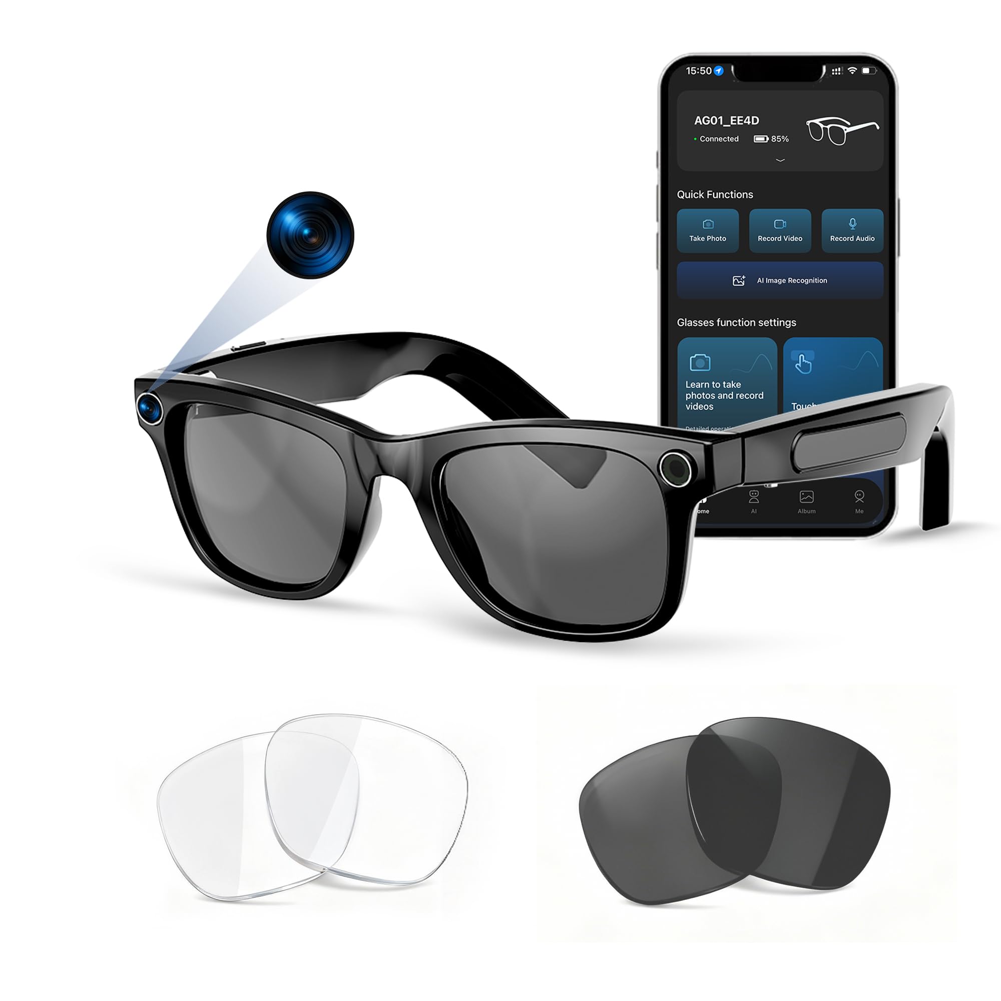 Photo 1 of AI Smart Glasses with Voice Assistant, 8MP HD Camera Glasses, 1080P Video Recording Sunglasses, Dual Core Chip Noise Reduction, RealTime Translation, Interchangeable Blue Light & UV Protection Lenses