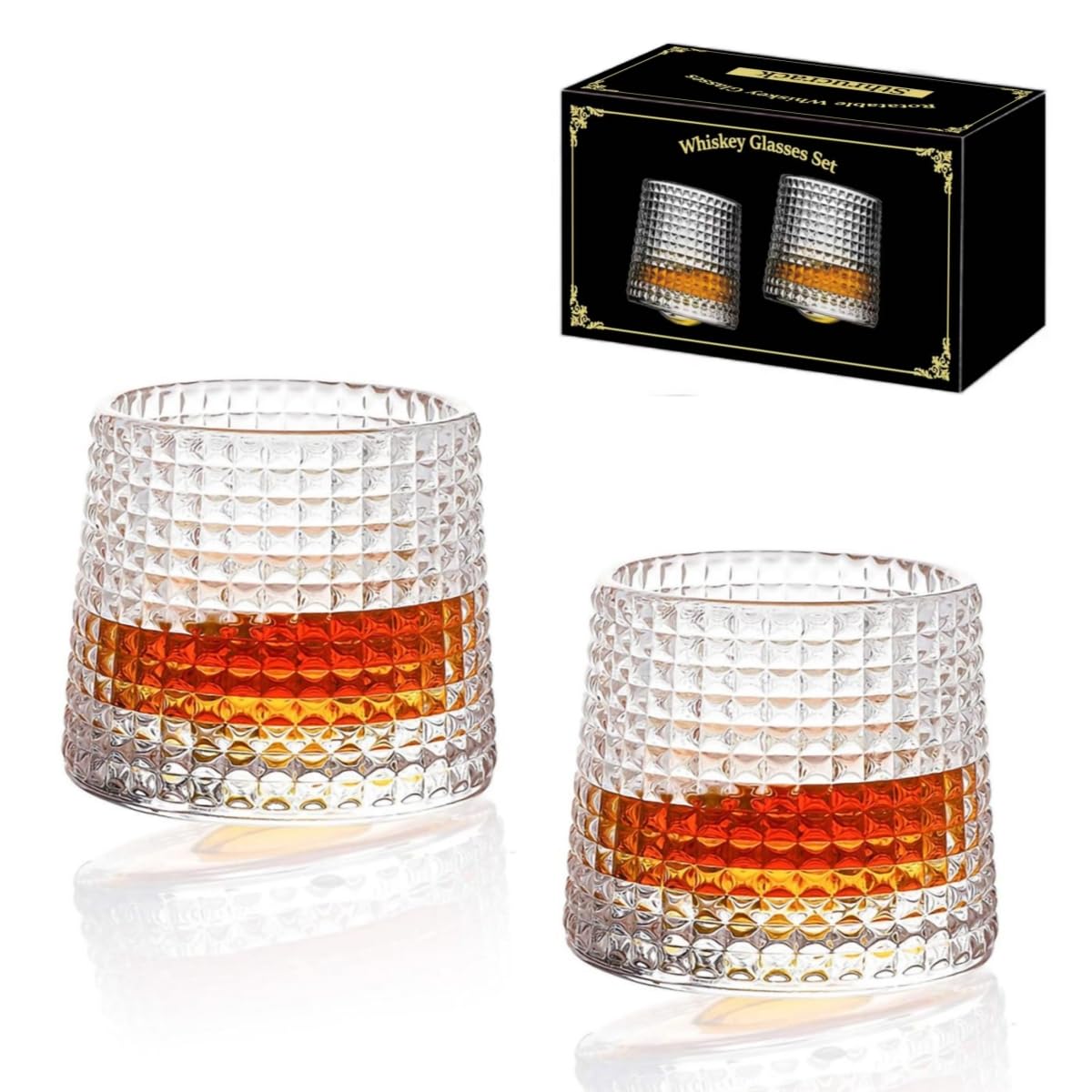Sthrucrack Whiskey Glasses Rotatable Decompression - Old Fashioned Set of 2 Bar Style Glassware for Bourbon Scotch Rum (2 Pack Checkered, 300ml(10oz))