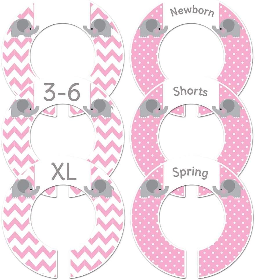 6 Baby Girl Nursery Clothing Closet Size Dividers Pink Elephant (1.5 Inch Rod)