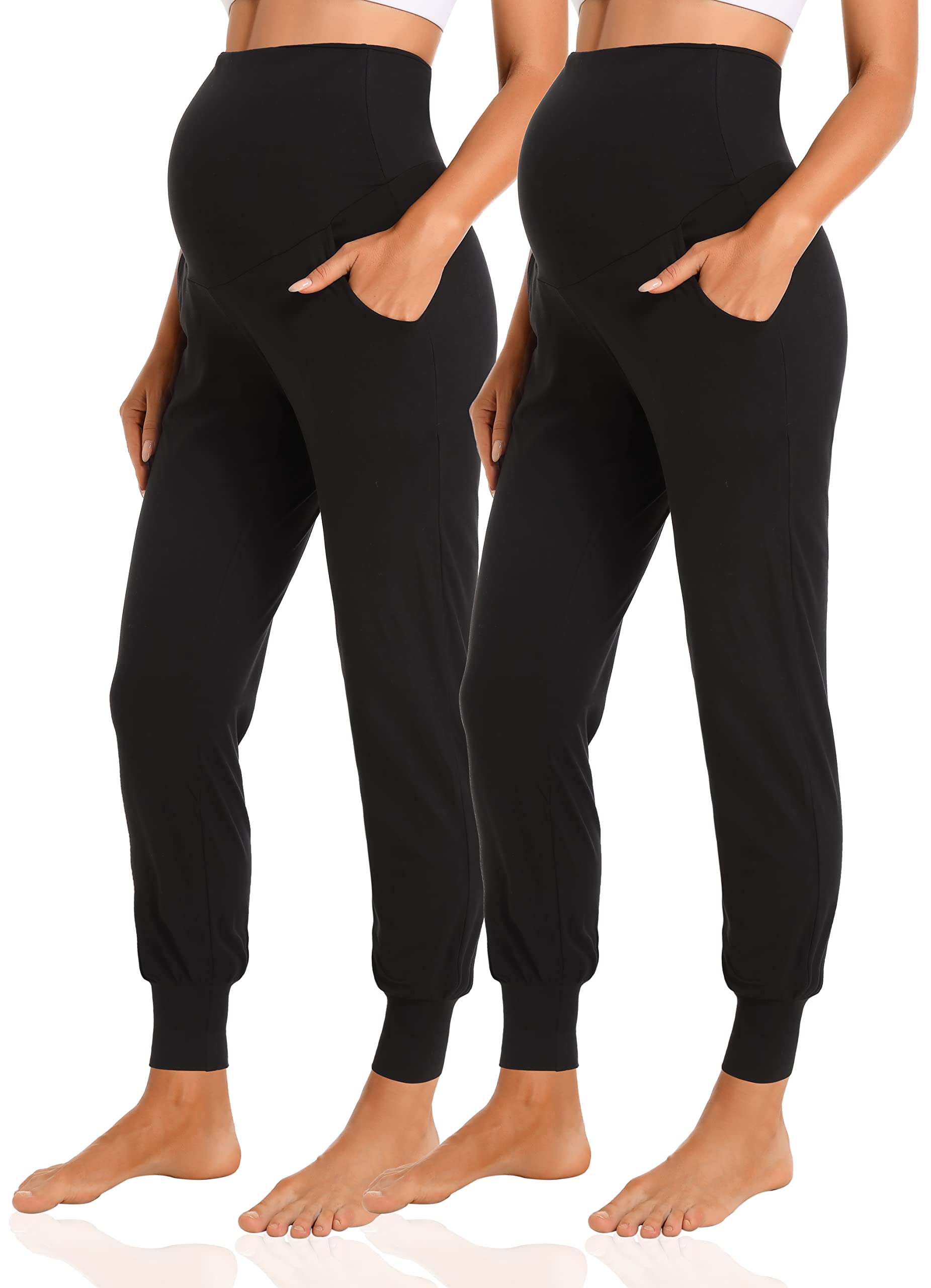 Photo 1 of V VOCNI Women's Maternity Pants Maternity Activewear Jogger Track Cuff Sweatpants Over The Belly Stretchy Pregnancy Pants Black&Black,Large
