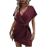 Floerns Women's Fall Fashion Cocktail Wrap Deep V Neck Dress Tie Side Dolman Sleeve Summer Short Dresses