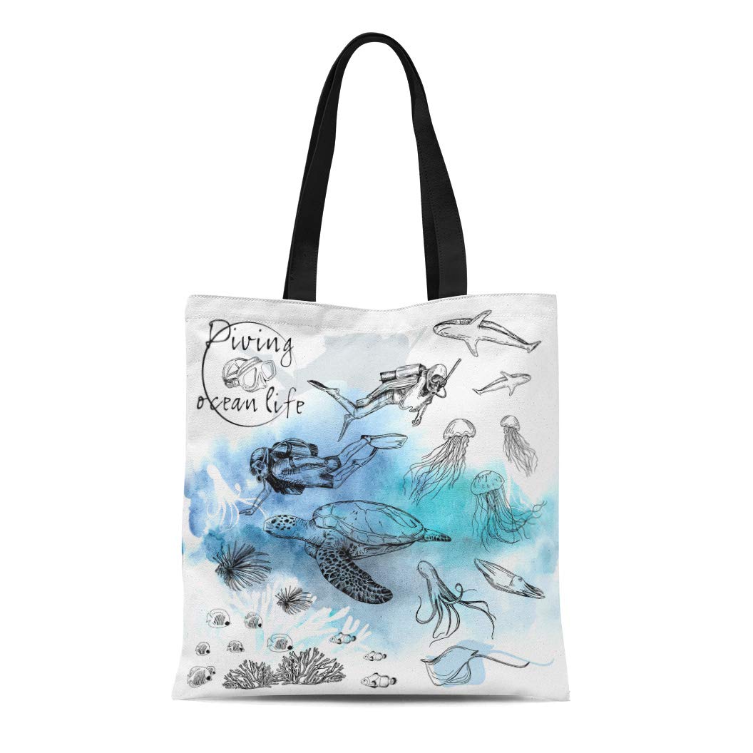 Semtomn Cotton Canvas Tote Bag Blue Pen Sketch on Underwater Diver and Ocean Life Reusable Shoulder Grocery Shopping Bags Handbag Printed