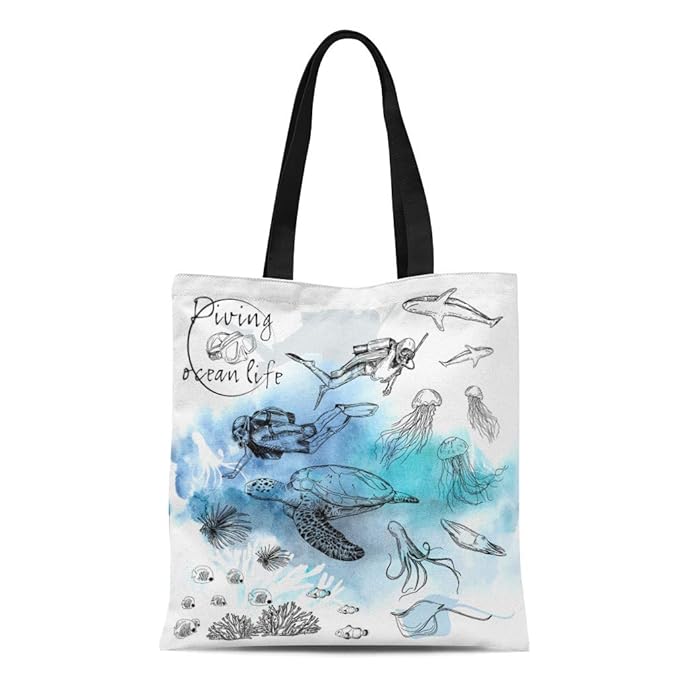 Semtomn Cotton Canvas Tote Bag Blue Pen Sketch on Underwater Diver and Ocean Life Reusable Shoulder Grocery Shopping Bags Handbag Printed