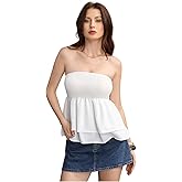 OYOANGLE Women's Layered Ruffle Hem Flowy Strapless Tube Top Sleeveless Smocked Bandeau Tops