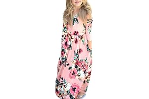 YIJODM Girls Floral Maxi Dress, Flower Printed Short Sleeves Dress with Pockets Summer Long Holiday Dress