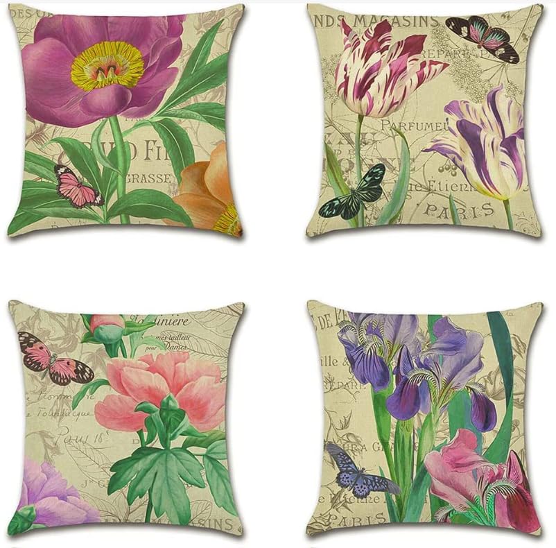 BAOKU Vintage blue Pink Floral Pattern Cushion Covers 45 x 45 cm Summer Watercolor Modern Decorative Throw Pillow Covers Soft Pillowcases for Sofa Bed Home Garden Patio Decor Set of 4