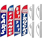 pack of 4 Tall Windless Swooper Feather Flags of Used Cars We Finance Buy Here Pay Here and Used Trucks for Auto Dealership Business Advertising Feather Banners Flags with Complete Pole Kits Package, Includes 4 Flags, 4 Poles and 4 Ground Stakes