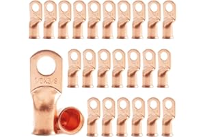 25pcs 1/0 AWG 3/8" Stud Copper Ring Terminals Battery Cable Ends Wire Lugs - Heavy Duty Bare Copper Eyelets Tubular Ring Term