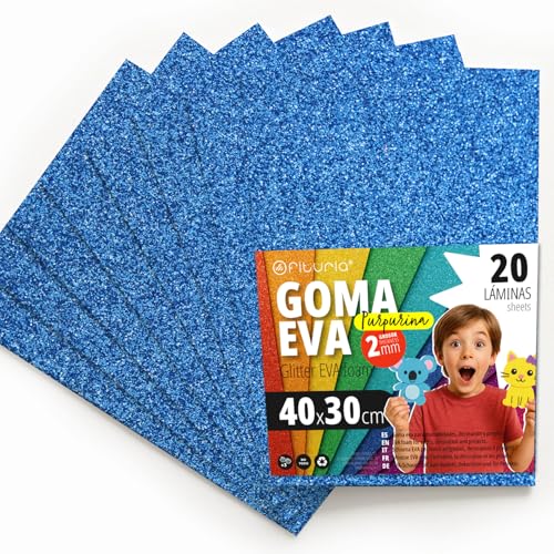 OFITURIA Glitter Eva Rubber for Creative Crafts, Glitter Foam Sheets for DIY, School Projects, Decorative Art, Scrapbooking 40 x 30 cm (Blue Glitter, 20 pcs)