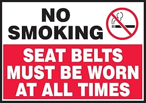 Accuform LVHR512VSP Adhesive Vinyl Safety Label, Legend"NO Smoking SEAT Belts Must BE Worn at All Times" with Graphic, 3.5" Length x 5" Width, Adhesive Vinyl, Red/Black on White (Pack of 5)