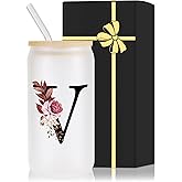 Wulcea Monogrammed Glass Drinking Cup With Lid Straw Women Men Teacher Christmas Math Biology Piano Future Mentor Speech Substitute Ballet Drama Guitar Yoga Montessori Physics Chemistry Band Gifts,V