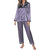 Silk Pajamas for Women Set Long Sleeve Satin Pj Set Two Piece Soft Sleepwear Classic Button Down Loungewear with Pockets