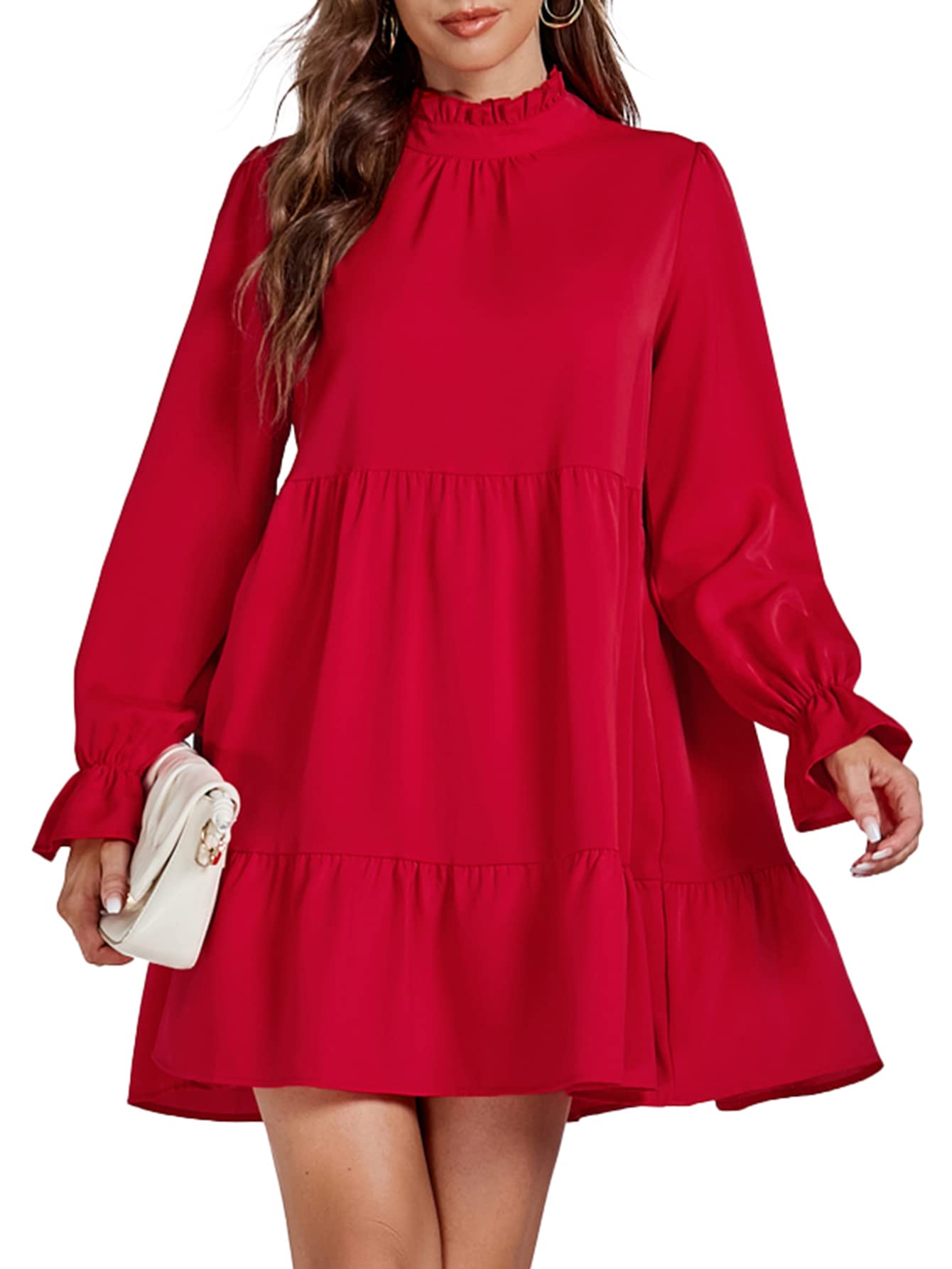 Photo 1 of Umenlele Women’s Mock Neck Long Sleeve Tiered Ruffle Smocked Flowy A Line Babydoll Mini Dress Red Medium