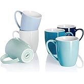 Sweese Porcelain Coffee Mugs - 12 Ounce - Set of 6, Cups for Latte, Hot Tea, Cappuccino, Mocha, Cocoa, Multicolor, Blue Assorted Colors
