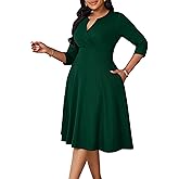 Runwind Women’s Plus Size Midi Dress 3/4 Sleeve Fit and Flare Cocktail Dresses Casual V-Neck Dress with Pockets