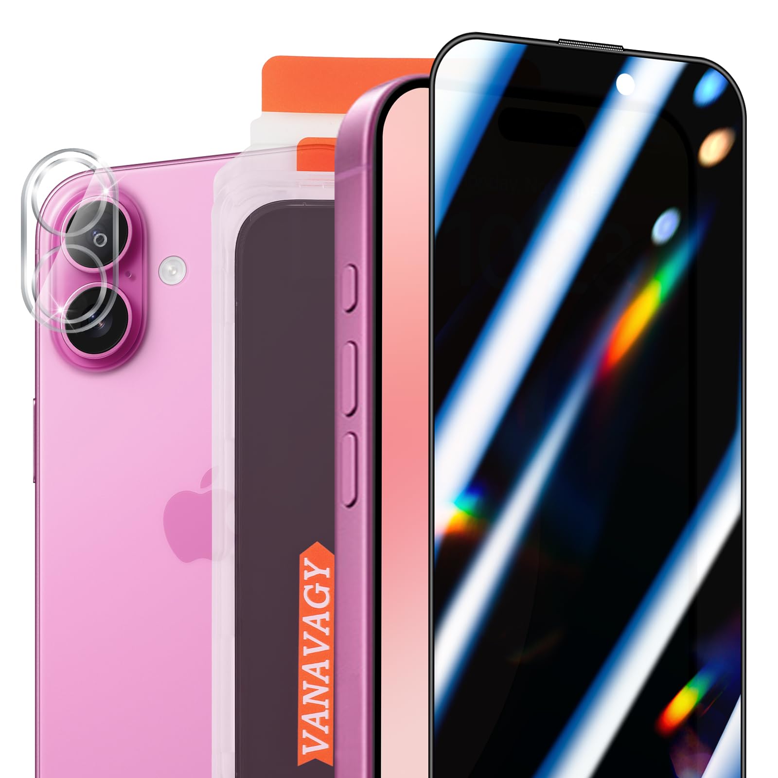VANAVAGY 1 Pack Privacy Glass Screen Protector for iPhone 16, [1 Pack Camera Lens Protector] [Easy Installation] Plating Film with Frame Full Coverage Case for Apple 16