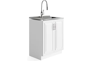 SIMPLIHOME Darwin Contemporary 28 Inch Deluxe Laundry Cabinet with Pull-out Faucet and Stainless Steel Sink in White, For the Laundry Room and Utility Room