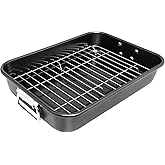 Roasting Pan with Rack - 15 Inch Carbon Steel Roaster Pan for Oven - Large Roaster Pot with Handle for Turkey Chicken Meat & Vegetables
