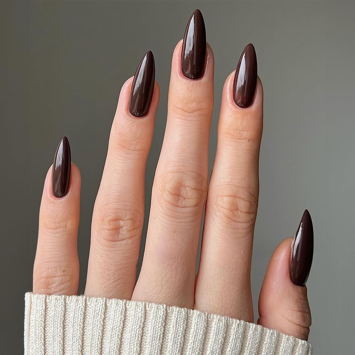 Chocolate Brown Press on Nails Almond Medium, Solid Color Glossy Fake Nails Press Ons Almond Shape, Stick on Nails for Women and Girls Daily Wear in 24PCS