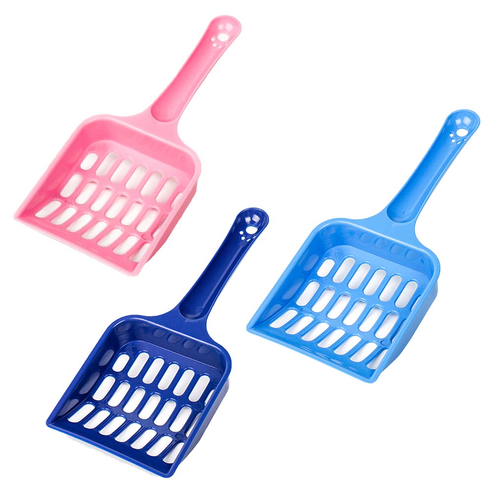 JeeGoWooss 3 Pcs Cat Litter Shovels Plastic Cat Litter Scoops with Long Handle Dog Sand Sifters for Cat Litter Tray (Pink, Light Blue, Dark Blue)