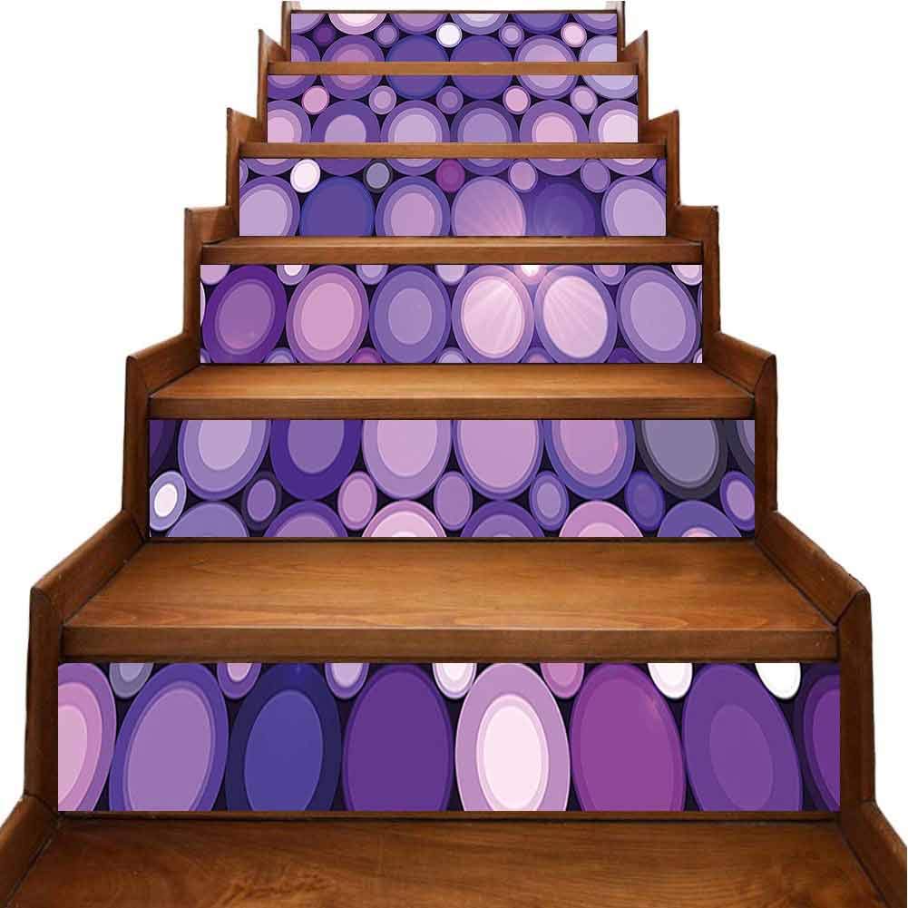 Stair Sticker Decals Violet Circl Round Disco Inspired Work Purple Lilac and Baby Pink Self-Adhesive Backsplash Stickers Peel Off & Stick Wallpaper Home Decor, W39.3 x H7 inch