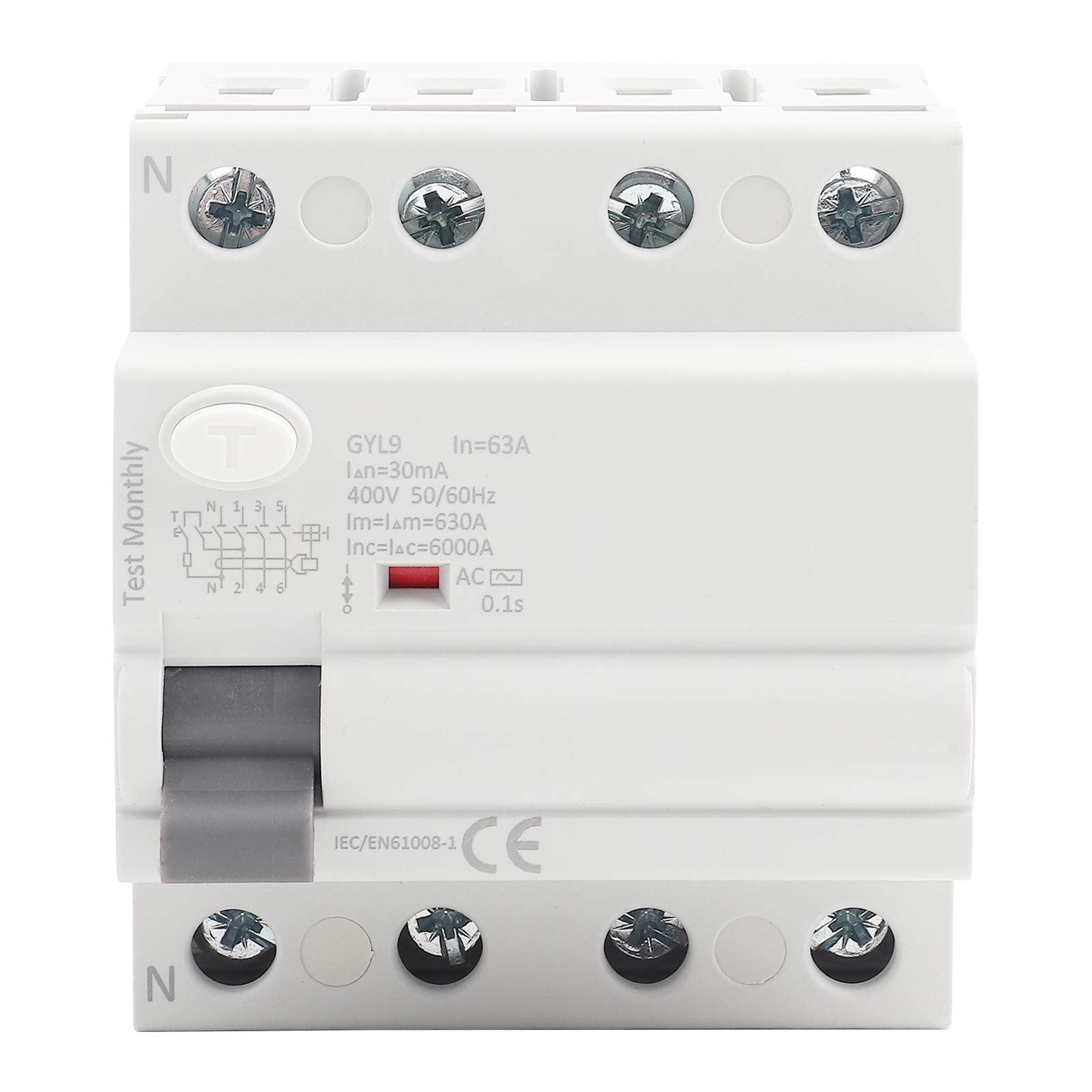 VIFERR 4 Pole Residual Current Device,Short Circuit Protection Device GYL9 25/40/63A 4P 400VAC RCCB Residual Current Circuit Breaker Electric Leakage Protector DIN Rail Mount (63A)