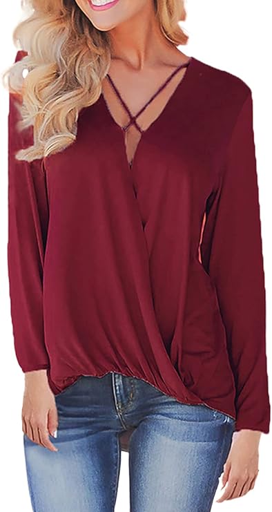 Women's Criss Cross Tops Casual Long Sleeve V Neck Ruched Solid Color