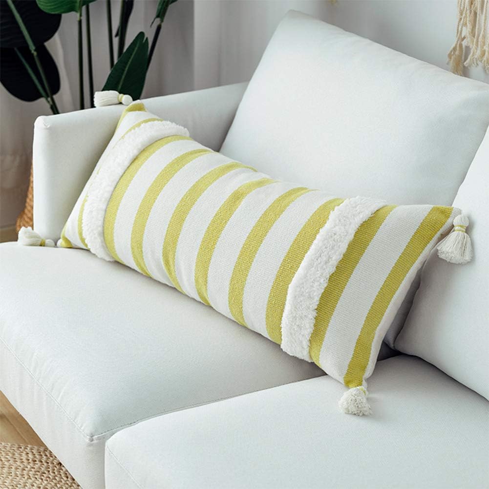 blue page Decorative Lumbar Throw Pillow Cover ONLY for Couch, Sofa, Bed, Fashion Stripe Pillow Case with Tassels, Modern Quality Design Cotton Woven Long Pillowcase, Yellow