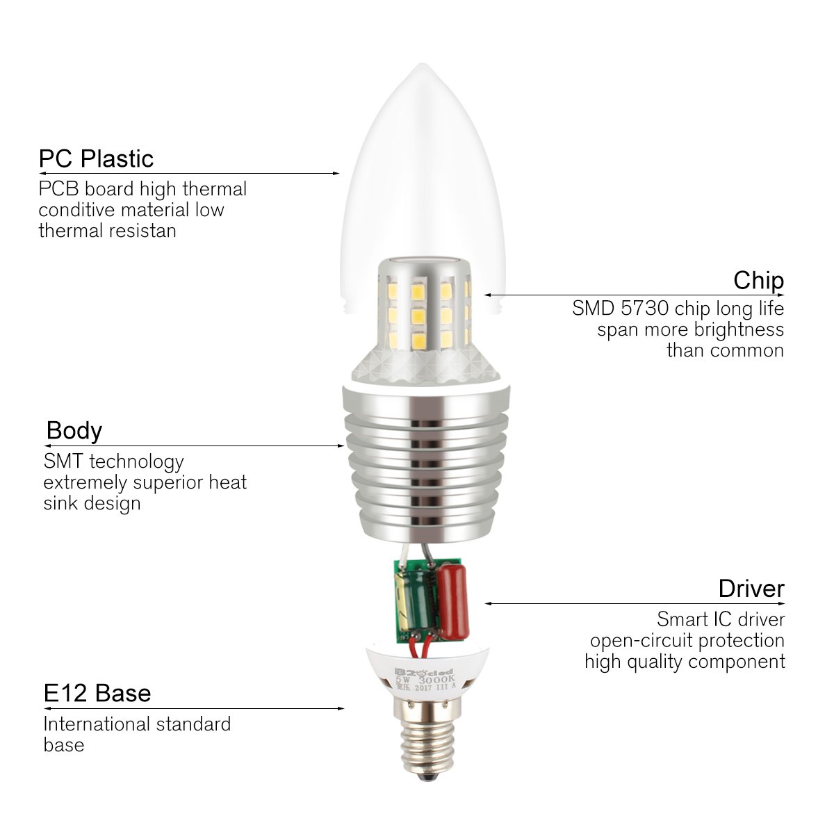 B2ocled- E12 LED Candelabra Base Bulb 5W, Warm White 3000K LED Candle Bulbs, 40 Watt Incandescent Bulb Replacement, 450 Lumens LED Lights, E12 Base Torpedo Shape (6 Pack)