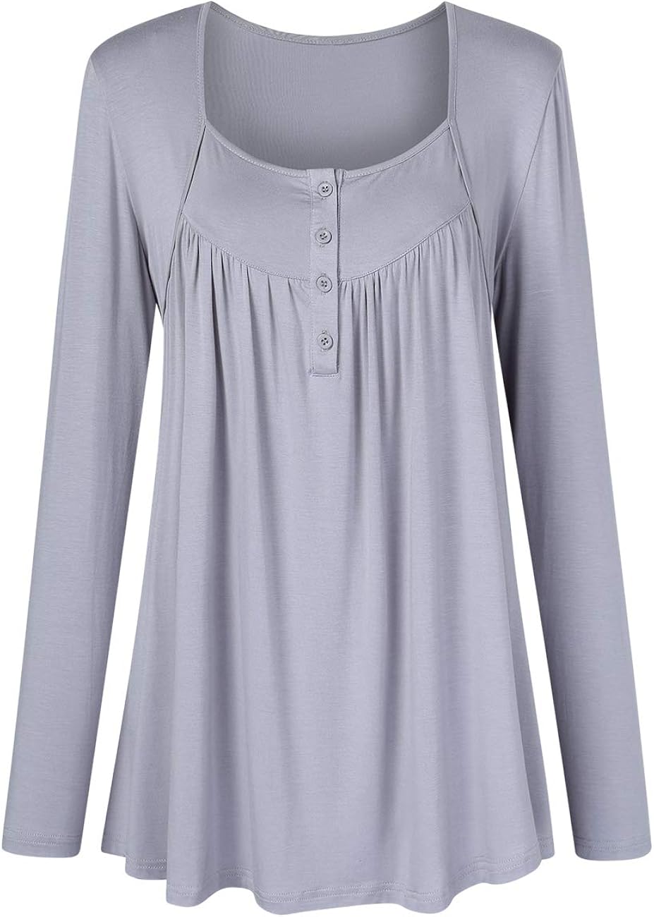 WESTECHO Women's Scoop Neck Long-Sleeve Front Pleated Blouse Lounge Wear Tunic Tops Nightgown Pajama