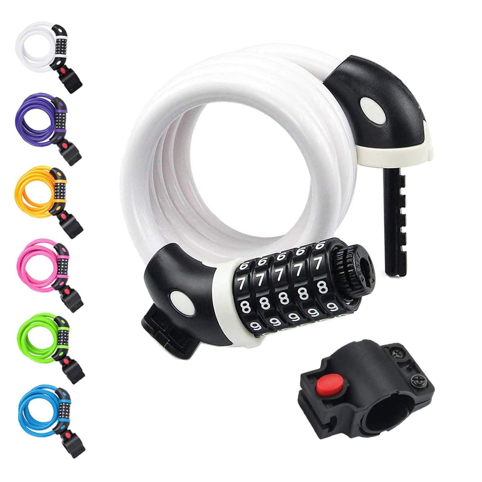 Photo 1 of NDakter Bike Lock, 4/5.6 Feet Bicycle Cable, High Security 5 Digit Resettable Combination Coiling Bicycle Lock, Heavy Duty Anti Theft Cable with Mounting Bracket, 1/2 Inch Diameter (4FT,White-12mm)