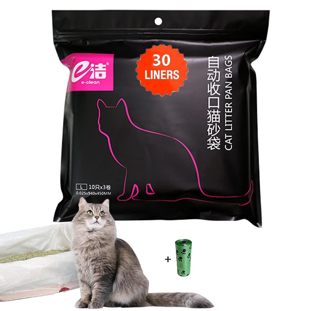 Moliwen 1 Bag (30 Pieces) Cat Litter Tray Liners Cat Litter Tray Drawstring Bag 940 x 450 mm for Medium and Large Cat Litter Tray Bag Extra 1 Roll Pet Waste Bag (Gift)