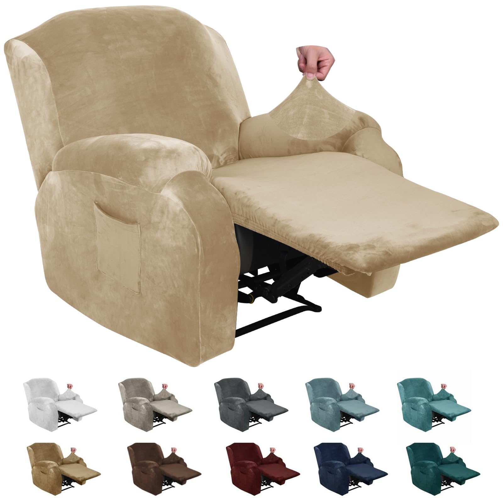 XINEAGE 4 Pieces Velvet Recliner Slipcover Stretch Recliner Chair Cover with Side Pocket Anti-Slip Fitted Recliner Cover Couch Furniture Protector with Elastic Bottom (Recliner, Camel) — image 1