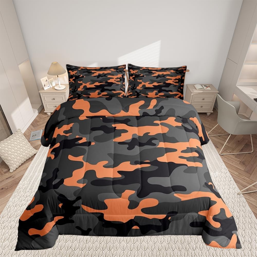 Army Camouflage Bedding Set Teens Camo Down Duvet Set for Kids Boys Girls Colorful Pattern Decor Duvet Insert Orange Black Grey Quilt Set Bedroom Collection 2Pcs Single Size Lightweight