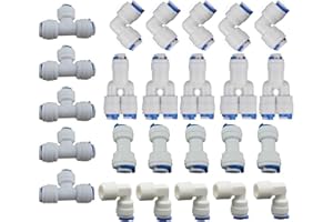 LIIMEVVON Lemoy Quick Connect Push in Fittings to Fasten 1/4” OD Water Tubing for Reverse Osmosis Systems and Water Filters Set of 25 (Type L+T+Y+I+Elbow Combo)